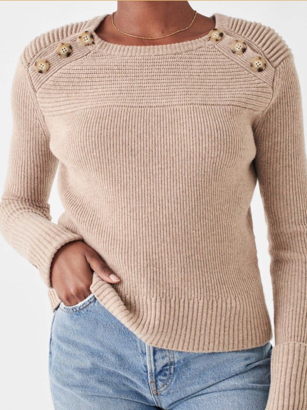 Faherty Tan Mulino  Ribbed Crewneck Sweater with Shoulder Buttons